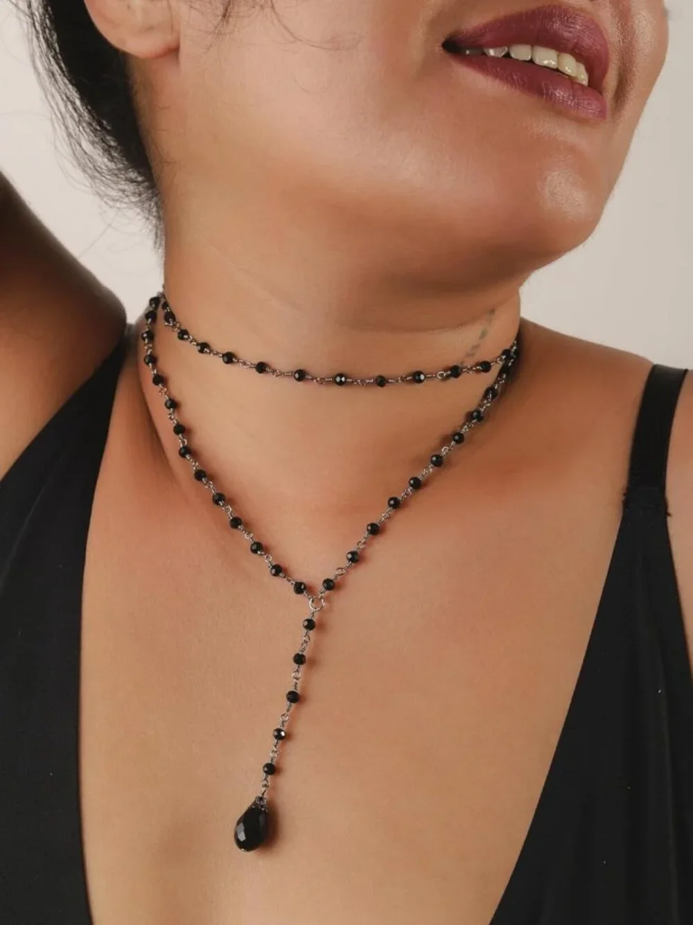 Gothic Layered Black Red Choker Necklace, Dainty Y Bead Teardrop Jewelry Gift